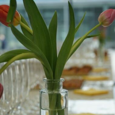 Eine durchsichtige Vase mit drei rosafarbenen und orangefarbenen Tulpen steht auf einem für eine Veranstaltung gedeckten Tisch, auf dem im unscharfen Hintergrund Reihen von leeren Weingläsern und Tellern mit Servietten stehen.
