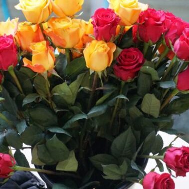 Ein Strauß leuchtend gelber und roter Rosen mit grünen Blättern, der auf einem Tisch steht. Auf der linken Seite ist ein Teil einer dunklen Jacke oder eines Tuchs zu sehen. Der Hintergrund ist mit kreisförmigen Lichtern sanft verschwommen.